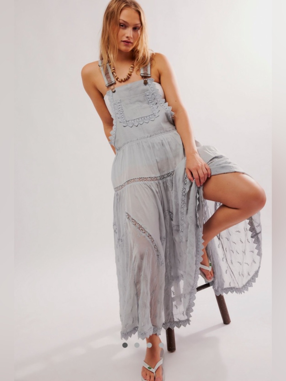 NWOT Free People Trails End Skirtall Dress Large Pearl Blue Boho Tiered Overall